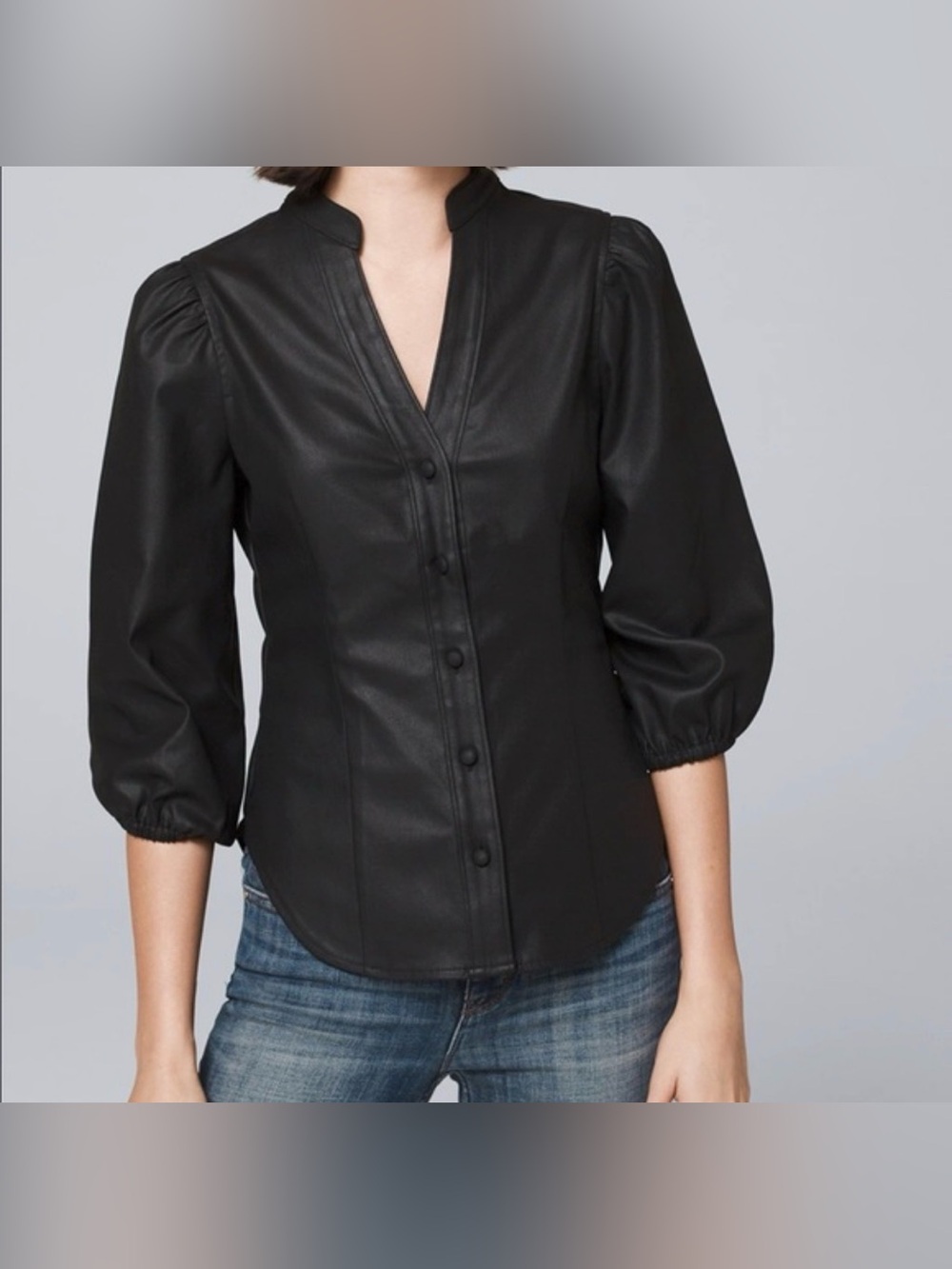 NWT White House Black Market Black Faux Leather Button-Front Puff Sleeve Shirt